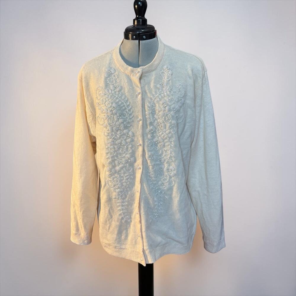 1950s Ivory Beaded Pearl Cardigan Sweater Bridal Glam Plus Size 48 Mended